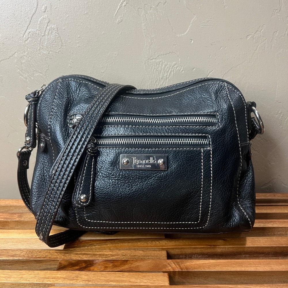 Tignanello Black Pebbled Leather Multi Pocket Organizer Crossbody Bag Silver